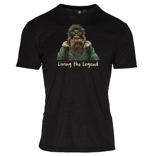 black living the legend tee which has bigfoot on it, on a white background