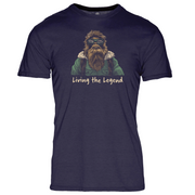 Navy blue t-shirt with a graphic of a bearded bigfoot and 'Living the Legend' text on a white background